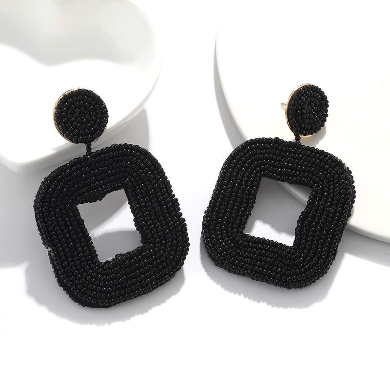 Boderier Beaded Hoop Earrings Bohemian Beaded Square Dangle Statement Earrings (Black) - Image 3